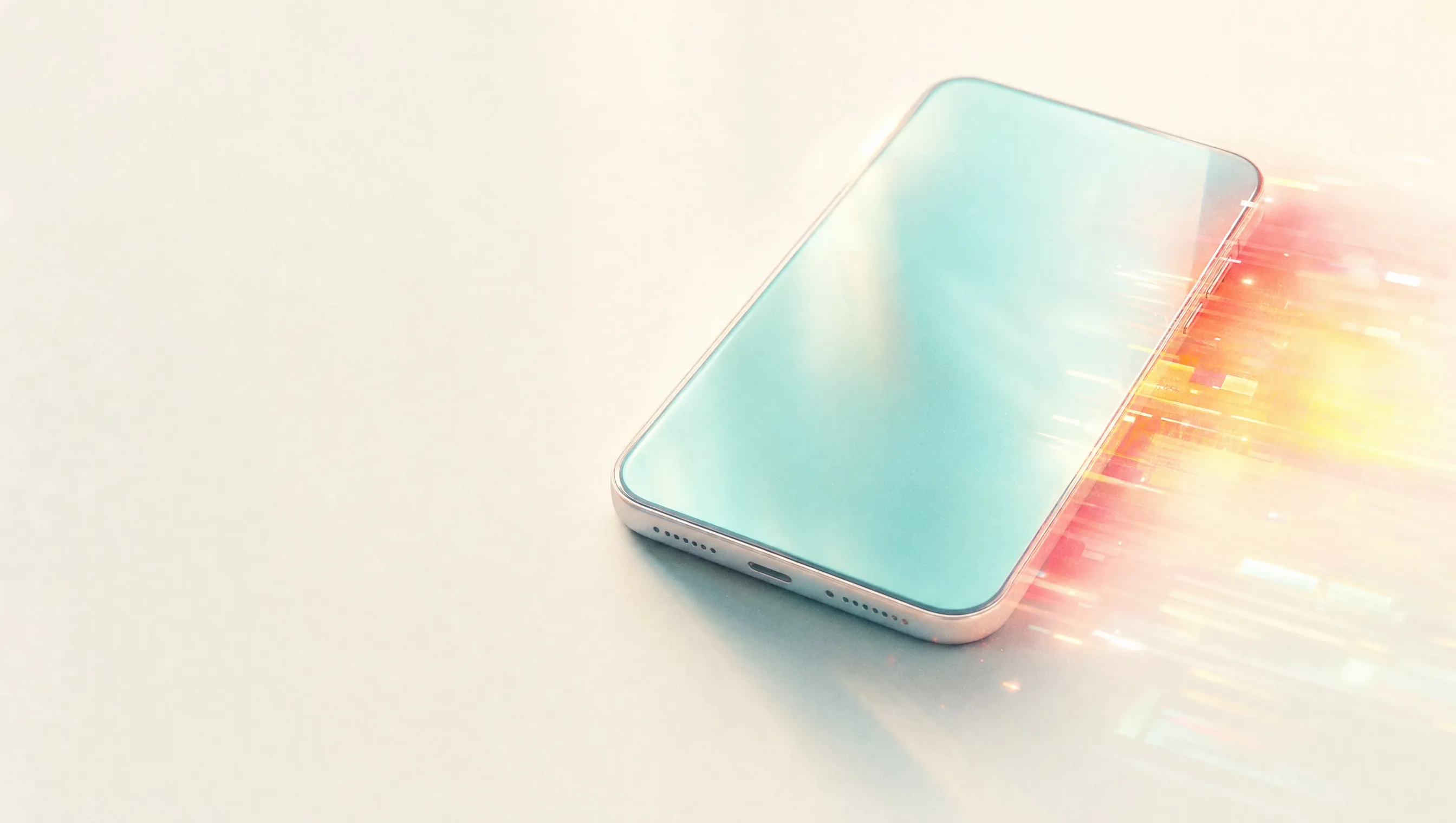 A smartphone lying flat on a pale cream floor, seen from above at an angle, its blank screen glowing soft teal, with a glitch smear of coral and yellow light breaking off its right edge into the air