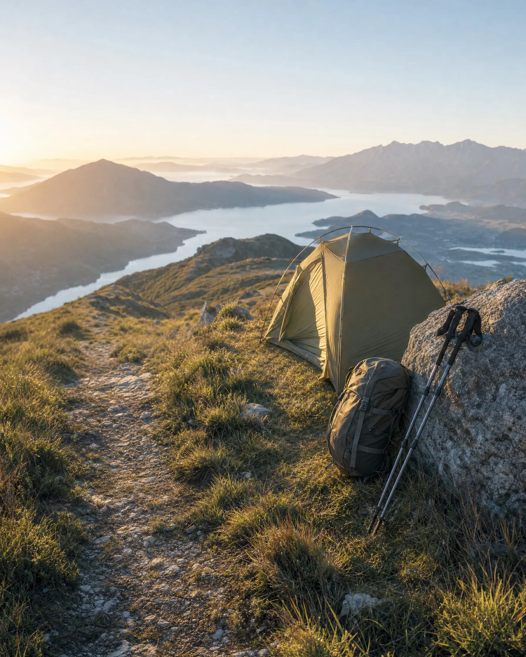 A tent, a backpack and trekking poles on a mountain ridge at sunrise